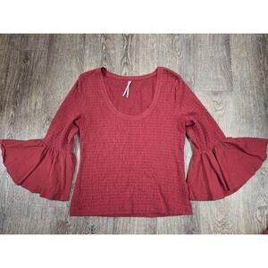Anthropologie Smocked Bell Sleeve Top Brick Red Blouse Shirt Size Medium